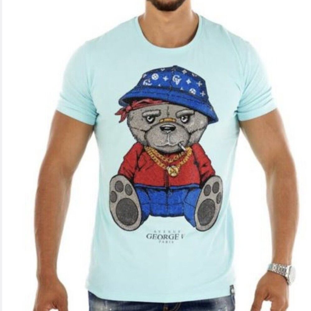 Avenue George V Paris T-Shirt  Men's Blue Short Sleeve Shirt Rhinestone 3XL 2XL